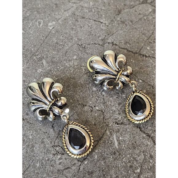 Silver Tone Black Onyx Dangle Earrings Fleur de Lis - Picture 1 of 5